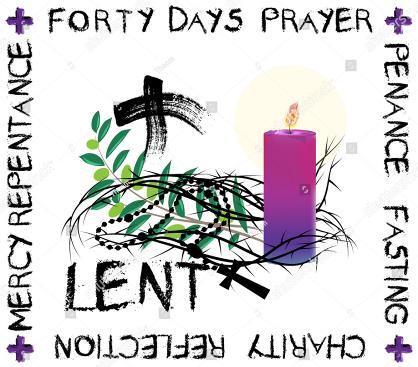 Symbols of the season of Lent; prayer, fasting and charity, with thorns, ashes and olive branches. Vector illustration